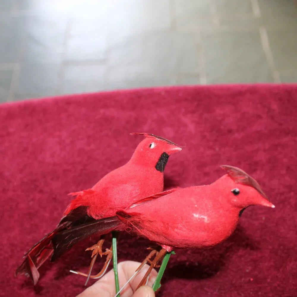 Vintage Cardinals Flocked Red Feathers Plastic Leg, Floral stick - Set of 2